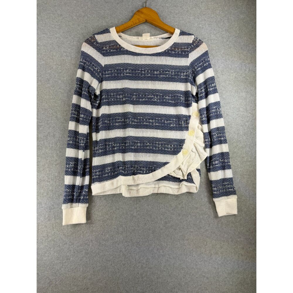 Clu + Willoughby Women’s S Blue White Striped Ruffle Side Knit Sweater 3562